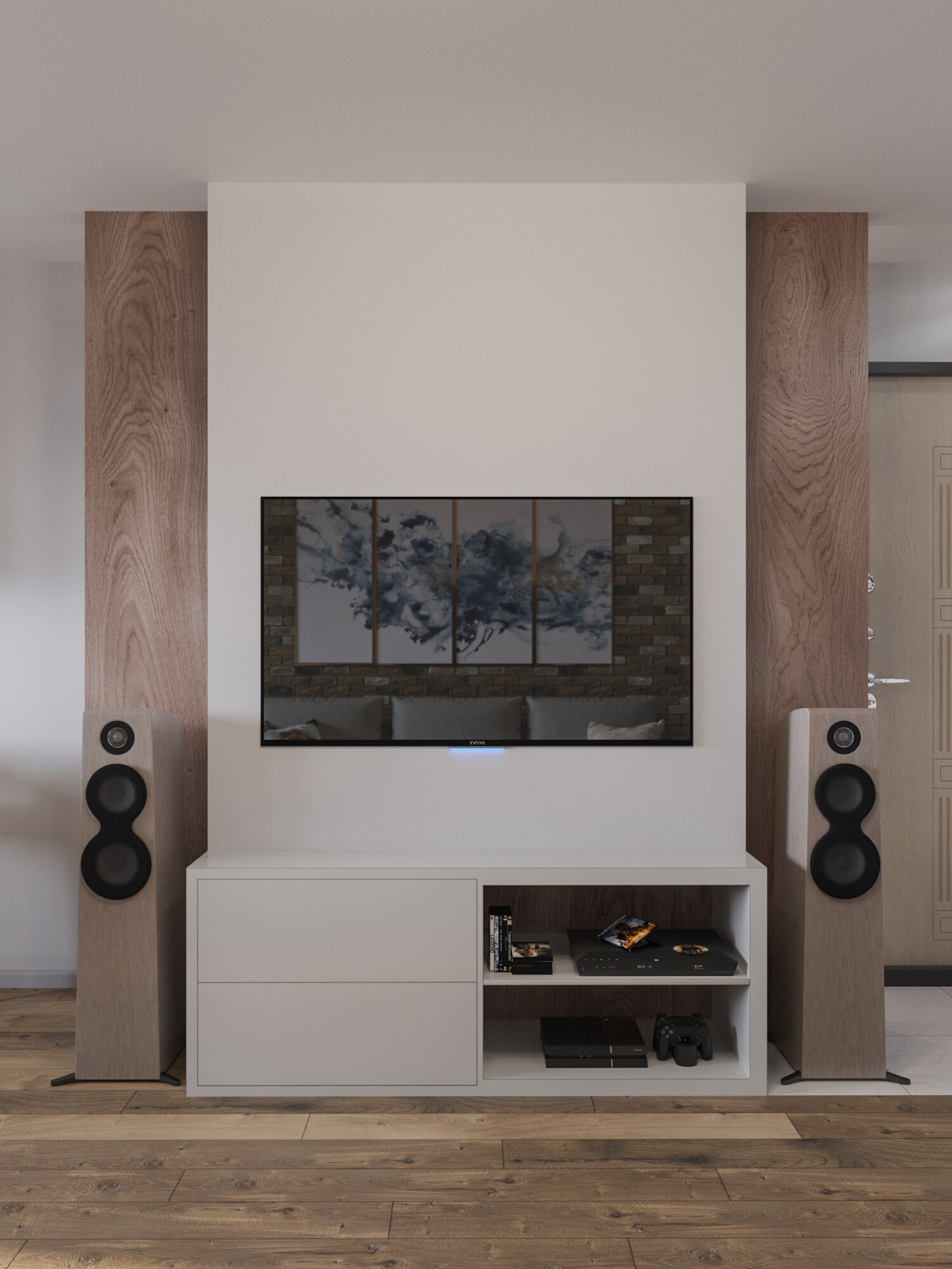 Интерьер гостиной cтеной с телевизором и керамогранитом на стену с телевизором в современном стиле