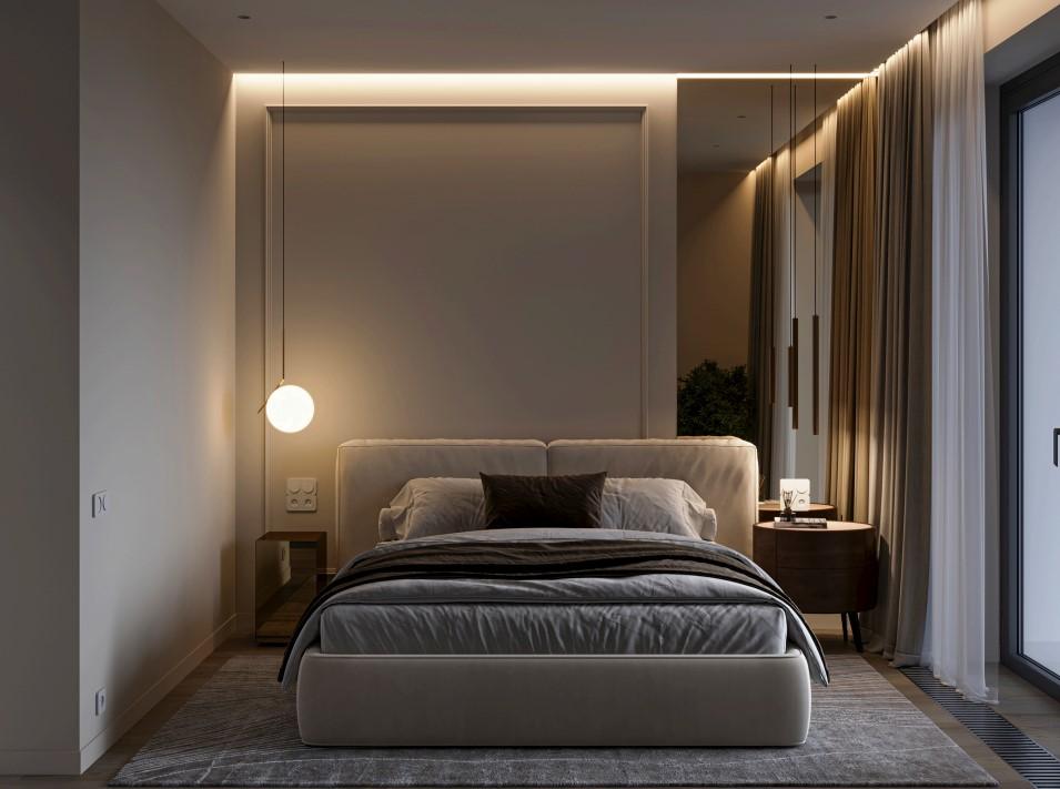 Интерьер спальни cветовыми линиями, бра над кроватью, подсветкой настенной, подсветкой светодиодной, светильниками над кроватью и с подсветкой
