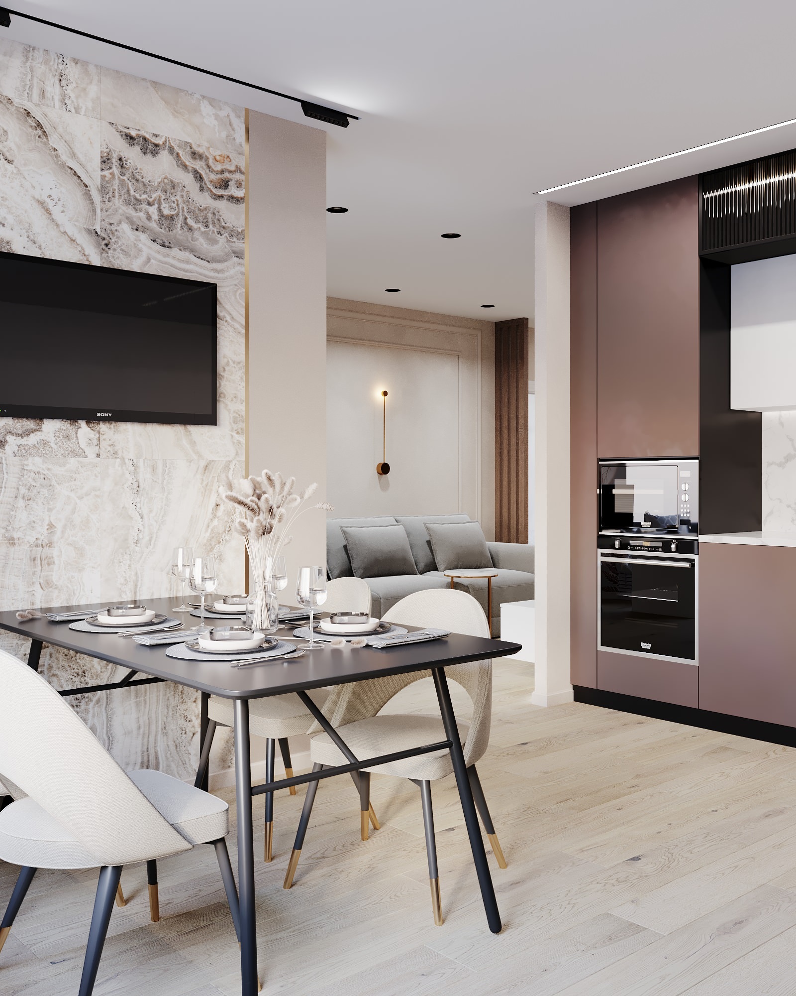 Интерьер кухни с керамогранитом на стену с телевизором в современном стиле