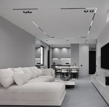 Интерьер гостиной cветовыми линиями и с подсветкой  смотреть на Basicdecor