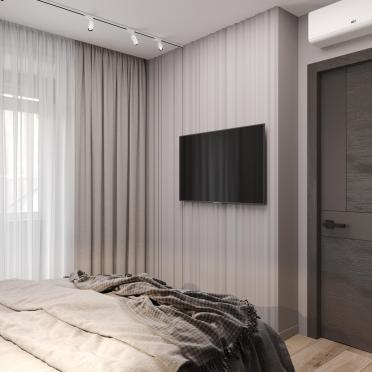 Интерьер спальни с телевизором на рейках  смотреть на Basicdecor
