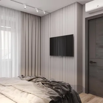 Интерьер спальни с телевизором на рейках  смотреть на Basicdecor