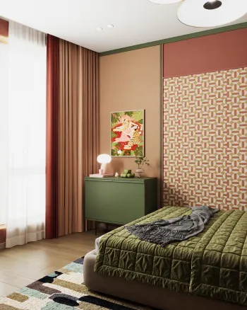 Интерьер спальни с акцентными обоями за кроватью  смотреть на Basicdecor