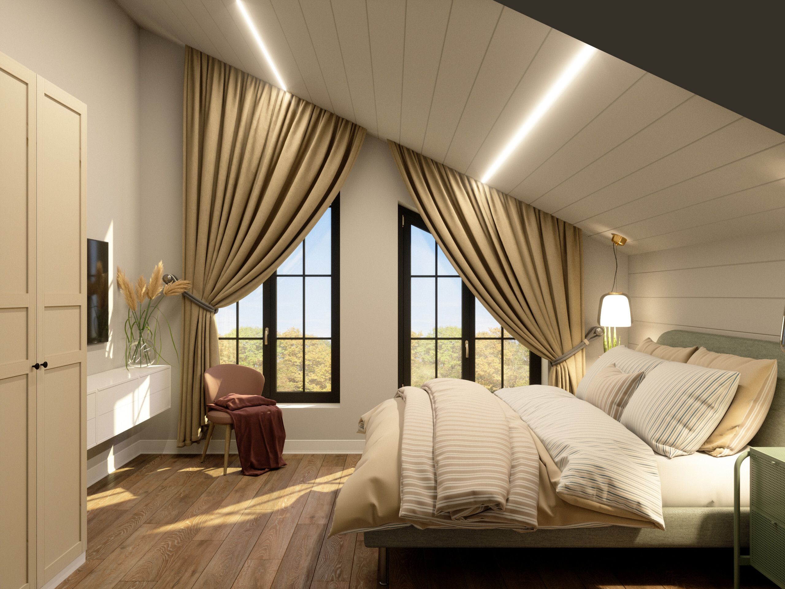 Интерьер спальни с рейками с подсветкой, подсветкой настенной, подсветкой светодиодной и светильниками над кроватью в современном стиле