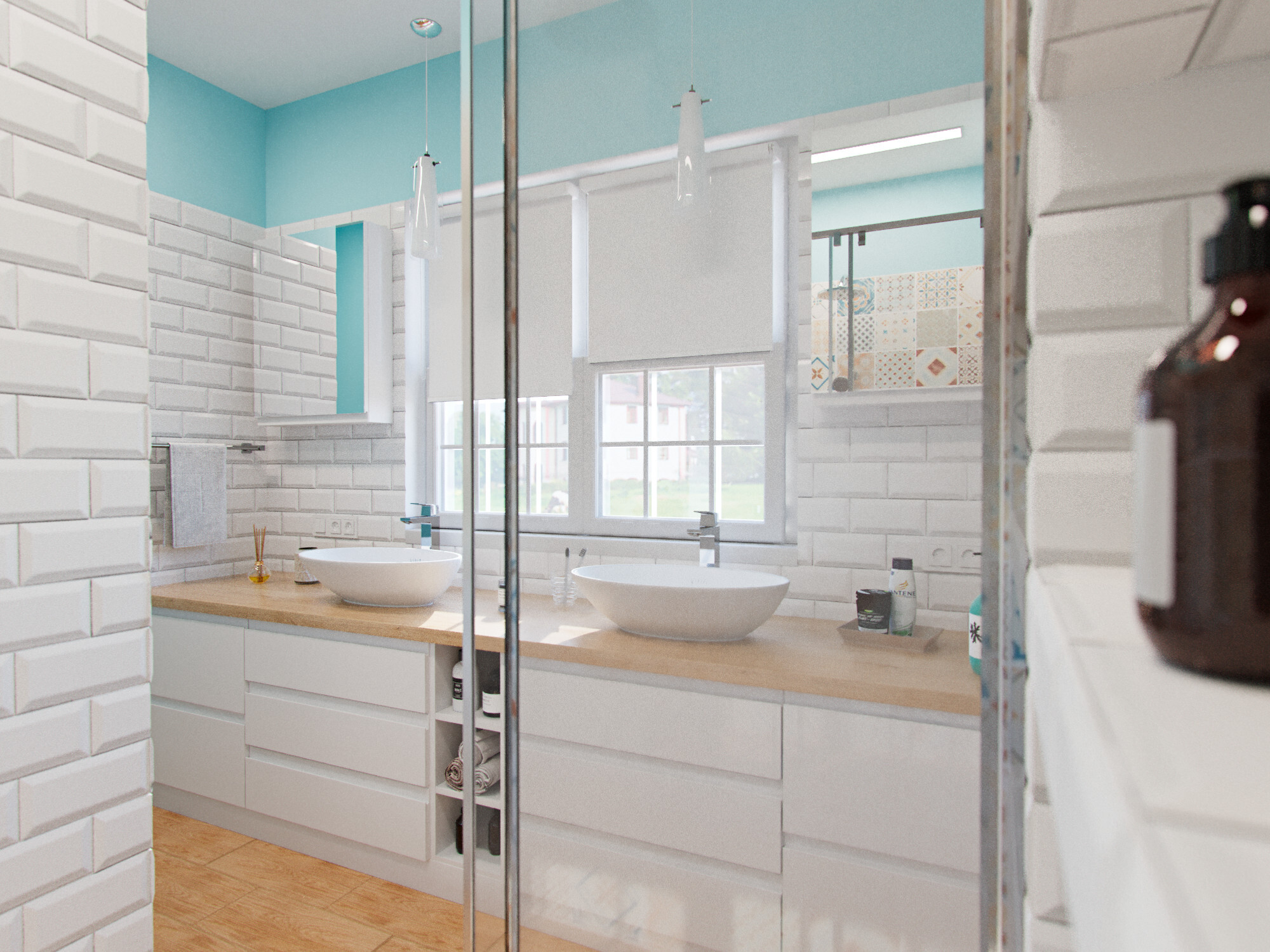 Интерьер ванной с жалюзи и дверными жалюзи в скандинавском стиле