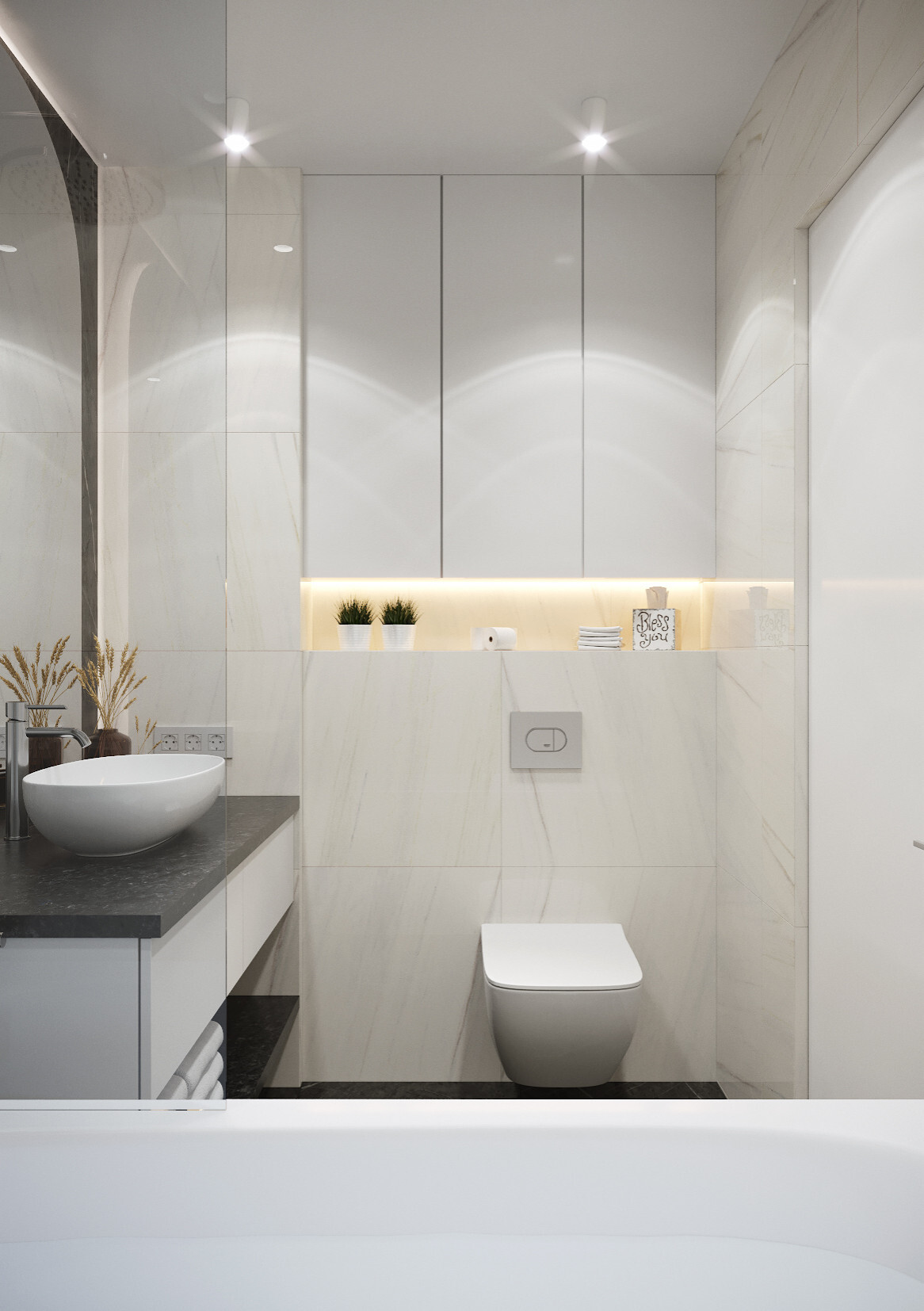 Интерьер ванной с нишей с подсветкой, световыми линиями, подсветкой настенной, подсветкой светодиодной и с подсветкой в современном стиле