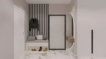 Интерьер прихожей с проходной, ресепшном и зеркалом на двери  смотреть на Basicdecor