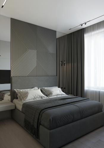 Интерьер спальни с зонированием шторами, бра над кроватью и светильниками над кроватью в современном стиле и в стиле лофт