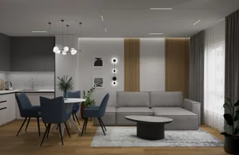 Интерьер гостиной cветильниками над столом и с подсветкой  смотреть на Basicdecor