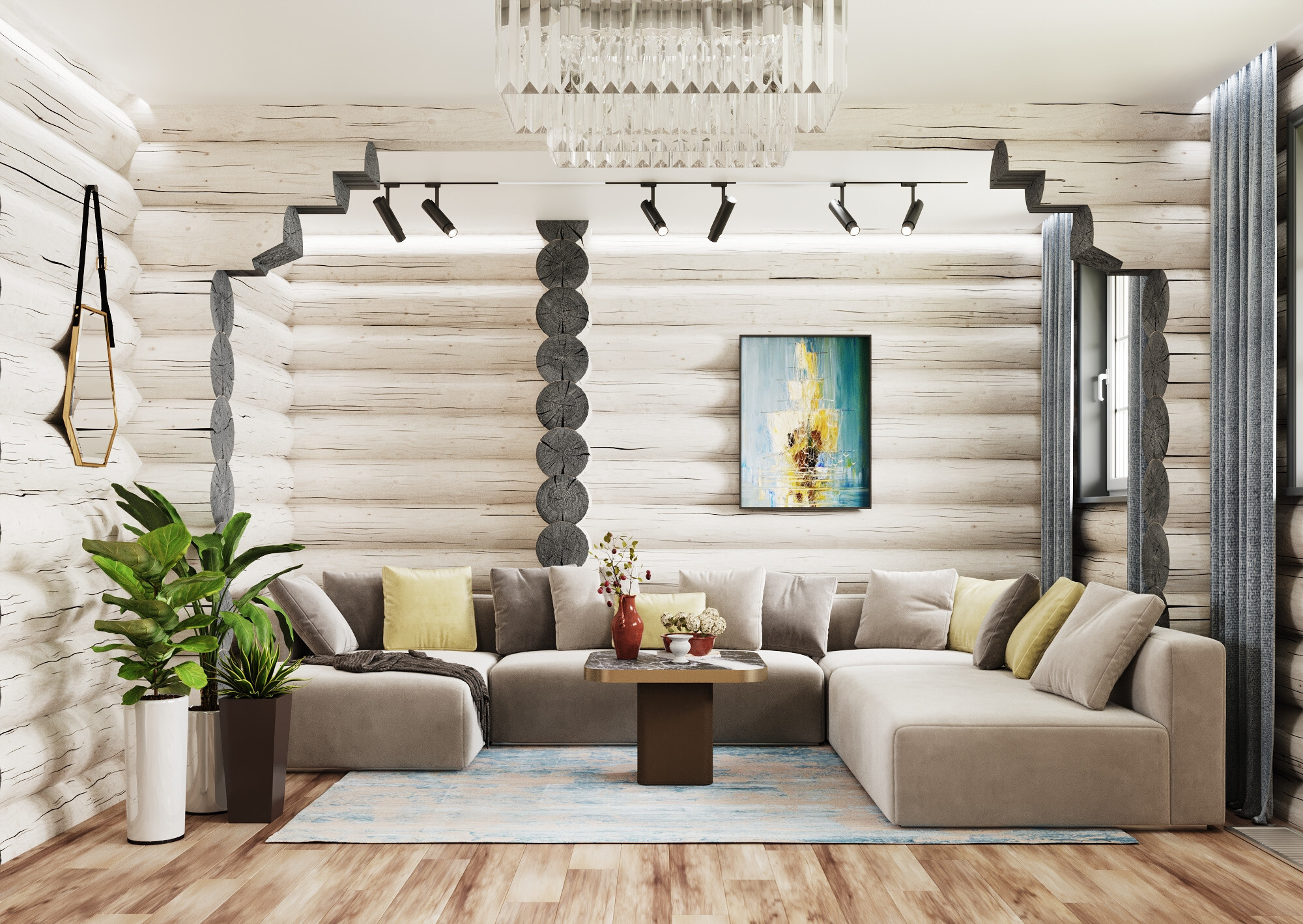 Интерьер гостиной с в деревянном доме и сауной в современном стиле и в стиле лофт