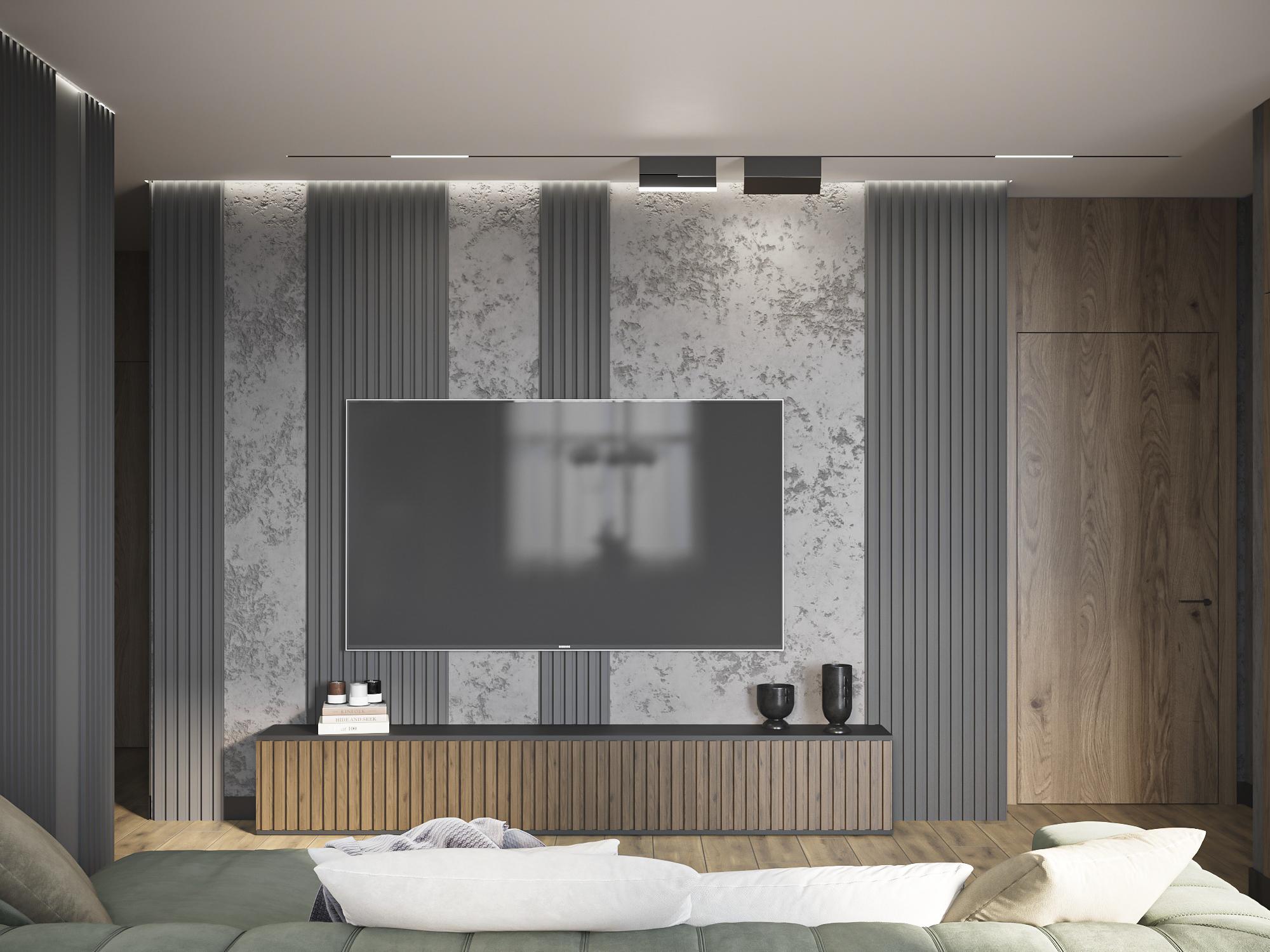 Интерьер гостиной cветовыми линиями, стеной с телевизором, телевизором на рейках, рейками с подсветкой и подсветкой настенной