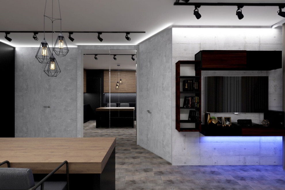 Интерьер кухни с нишей с подсветкой, световыми линиями, рейками с подсветкой, подсветкой настенной, подсветкой светодиодной, подсветкой рабочей зоны и с подсветкой в стиле лофт