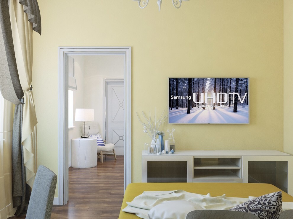 Интерьер cтеной с телевизором, телевизором на стене и керамогранитом на стену с телевизором