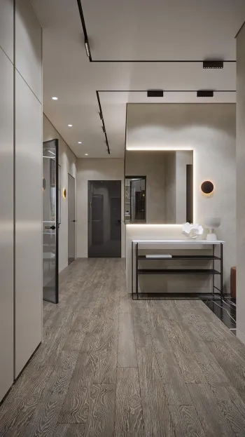 Интерьер прихожей с проходной и с подсветкой  смотреть на Basicdecor
