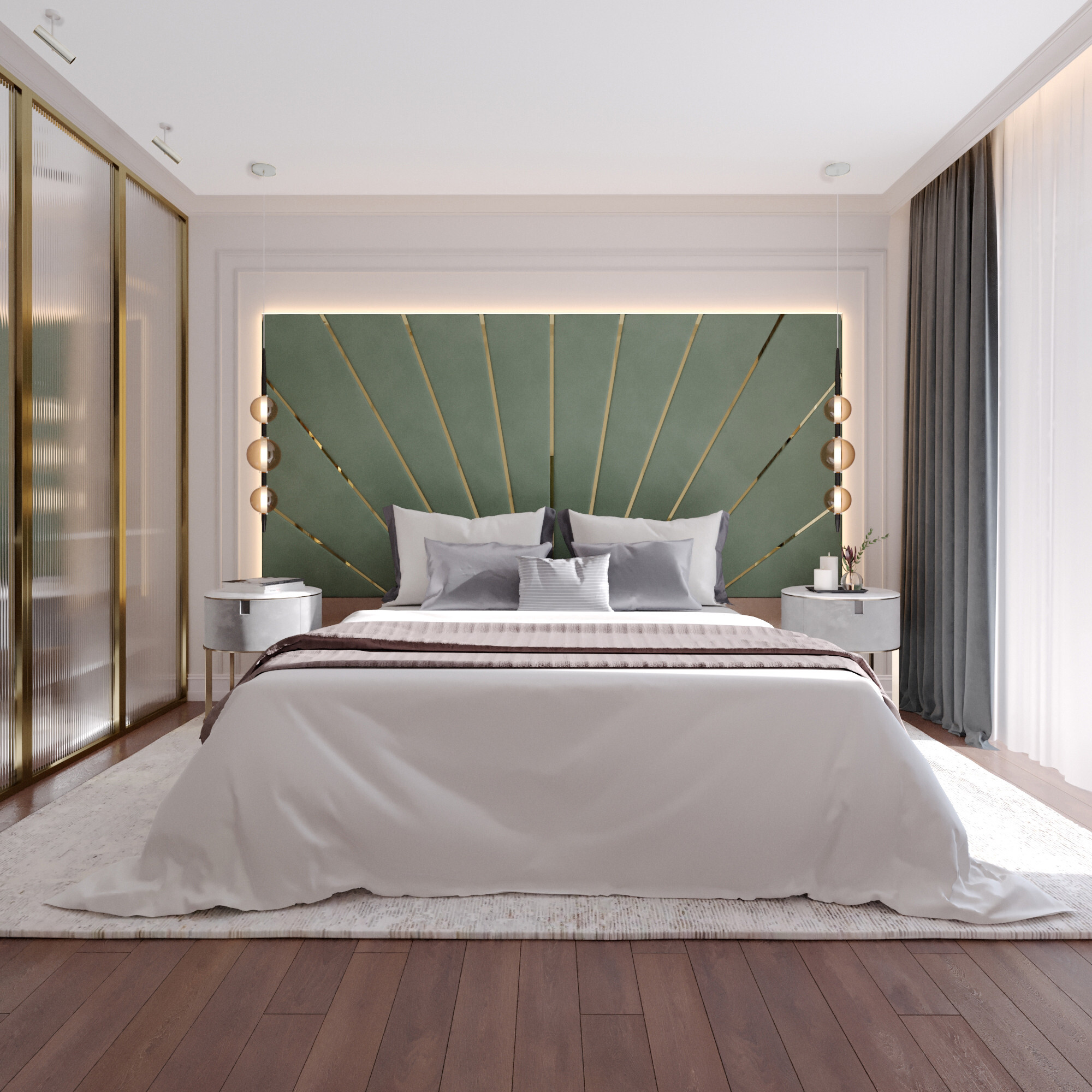 Интерьер спальни с рейками с подсветкой и подсветкой настенной в современном стиле