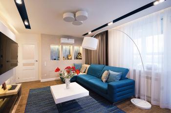 Интерьер гостиной с проходной, балконом, световыми линиями, рейками с подсветкой, подсветкой настенной, подсветкой светодиодной и с подсветкой в стиле фьюжн