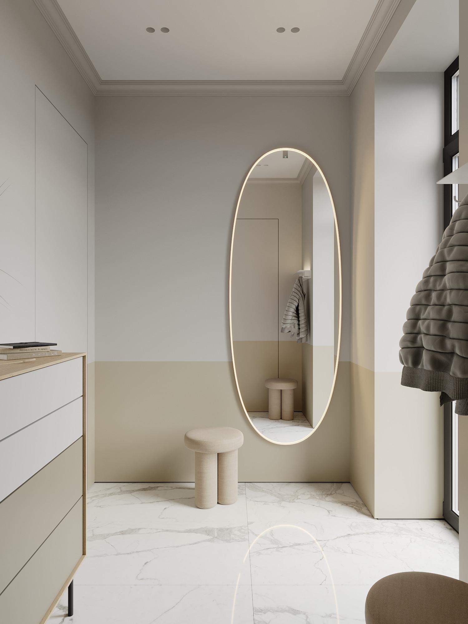 Интерьер ванной с зеркалом на двери в современном стиле