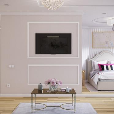 Интерьер гостиной с телевизором на стене в неоклассике смотреть на Basicdecor