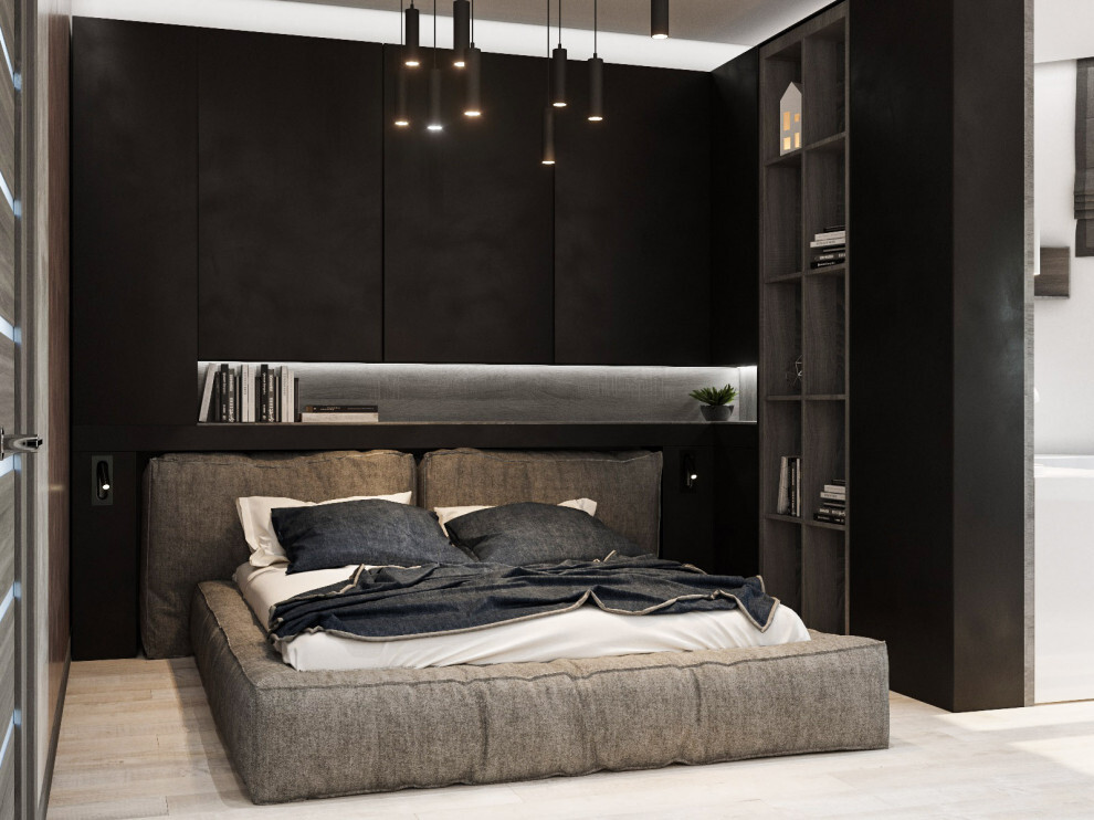 Интерьер спальни с кроватью в нише, бра над кроватью и светильниками над кроватью в современном стиле и в стиле лофт