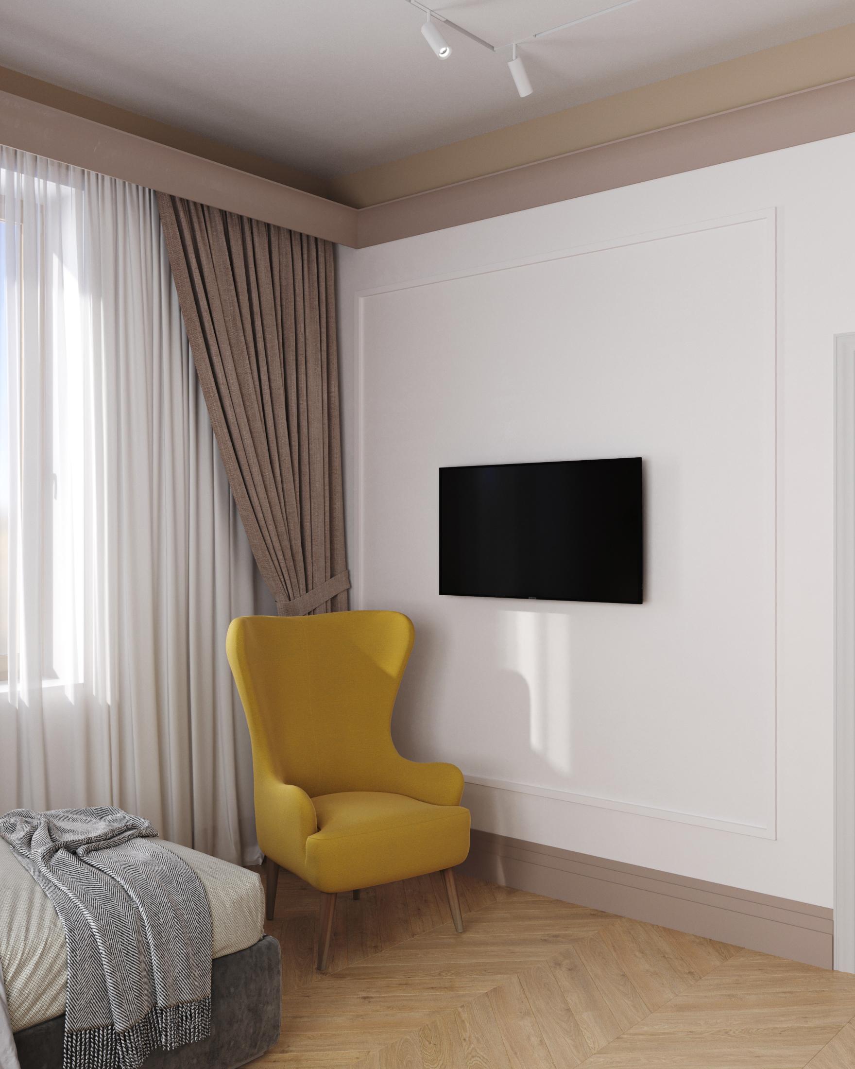Интерьер спальни с панно за телевизором, стеной с телевизором, телевизором на стене и керамогранитом на стену с телевизором