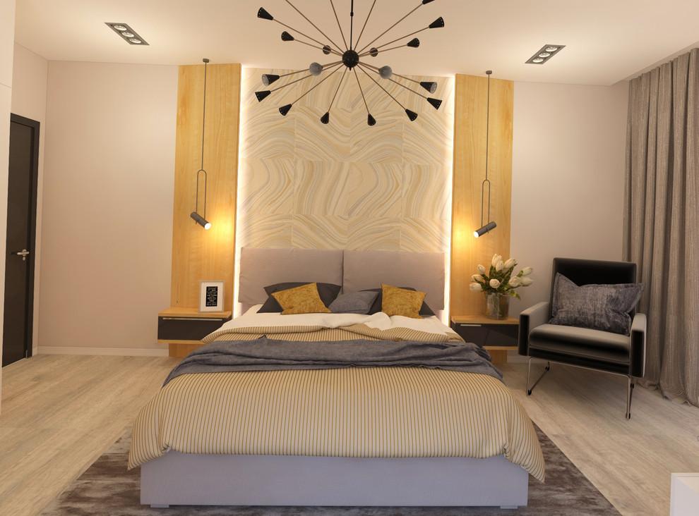 Интерьер спальни с бра над кроватью, подсветкой настенной, подсветкой светодиодной и светильниками над кроватью в современном стиле