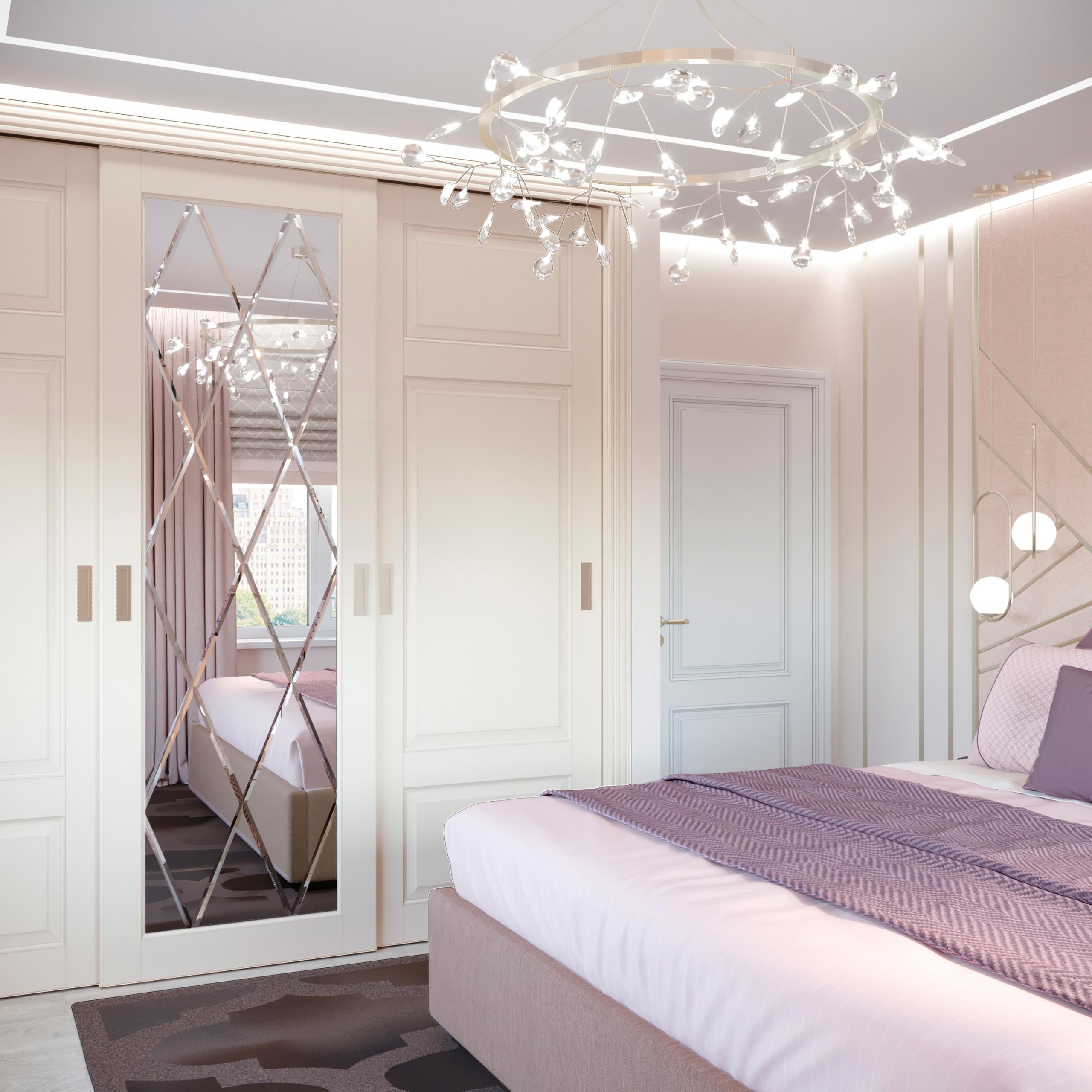 Интерьер спальни cветовыми линиями, подсветкой настенной, подсветкой светодиодной, светильниками над кроватью и с подсветкой в неоклассике