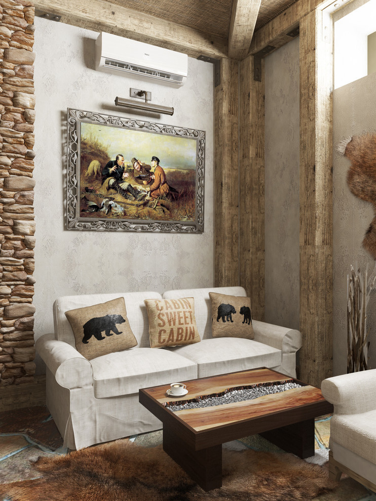 Интерьер гостиной с картинами над камином в рустике