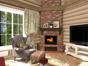 Интерьер гостиной с в деревянном доме  смотреть на Basicdecor