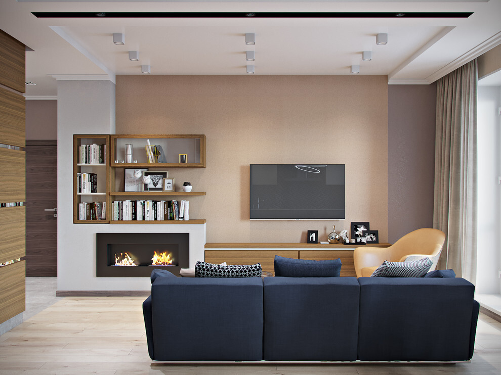 Интерьер гостиной с керамогранитом на стену с телевизором и подсветкой настенной в неоклассике