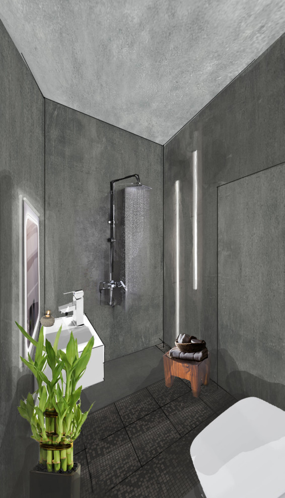 Интерьер ванной с рейками с подсветкой, подсветкой настенной и подсветкой светодиодной в стиле лофт