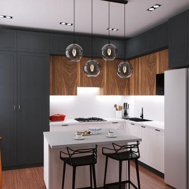 Интерьер кухни cветильниками над столом  смотреть на Basicdecor