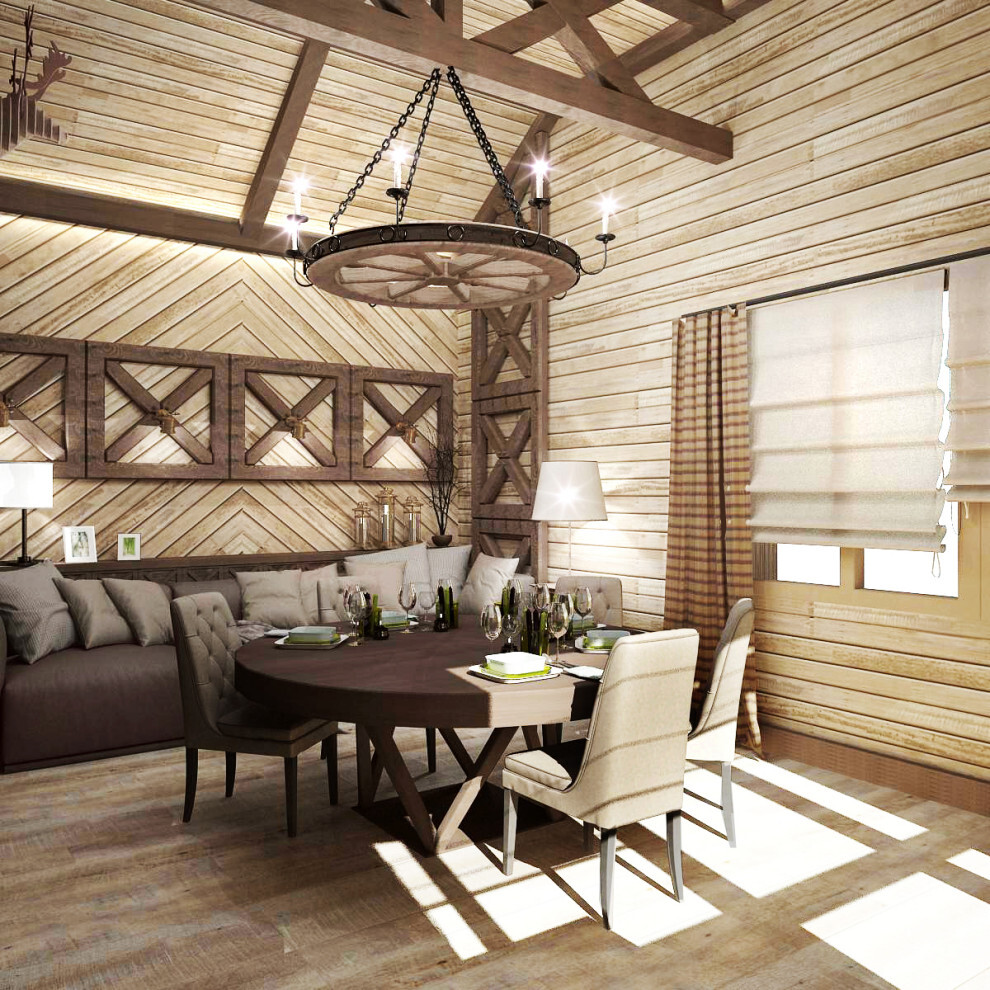 Интерьер гостиной с в деревянном доме, сауной, жалюзи, вертикальными жалюзи и дверными жалюзи в стиле кантри