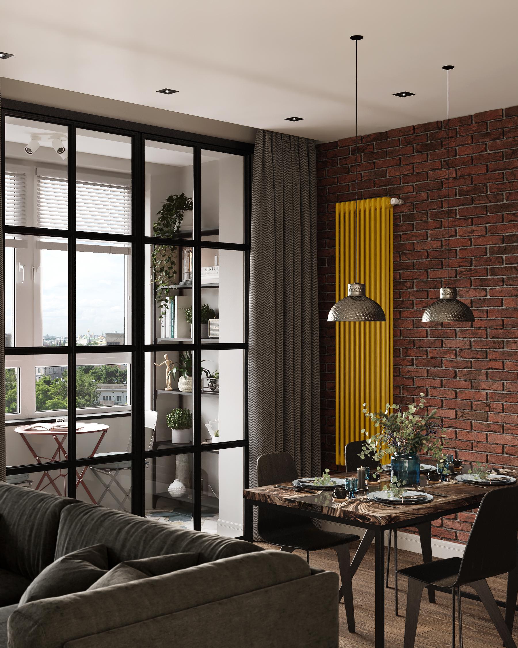 Интерьер гостиной с балконом и вертикальными жалюзи в стиле лофт