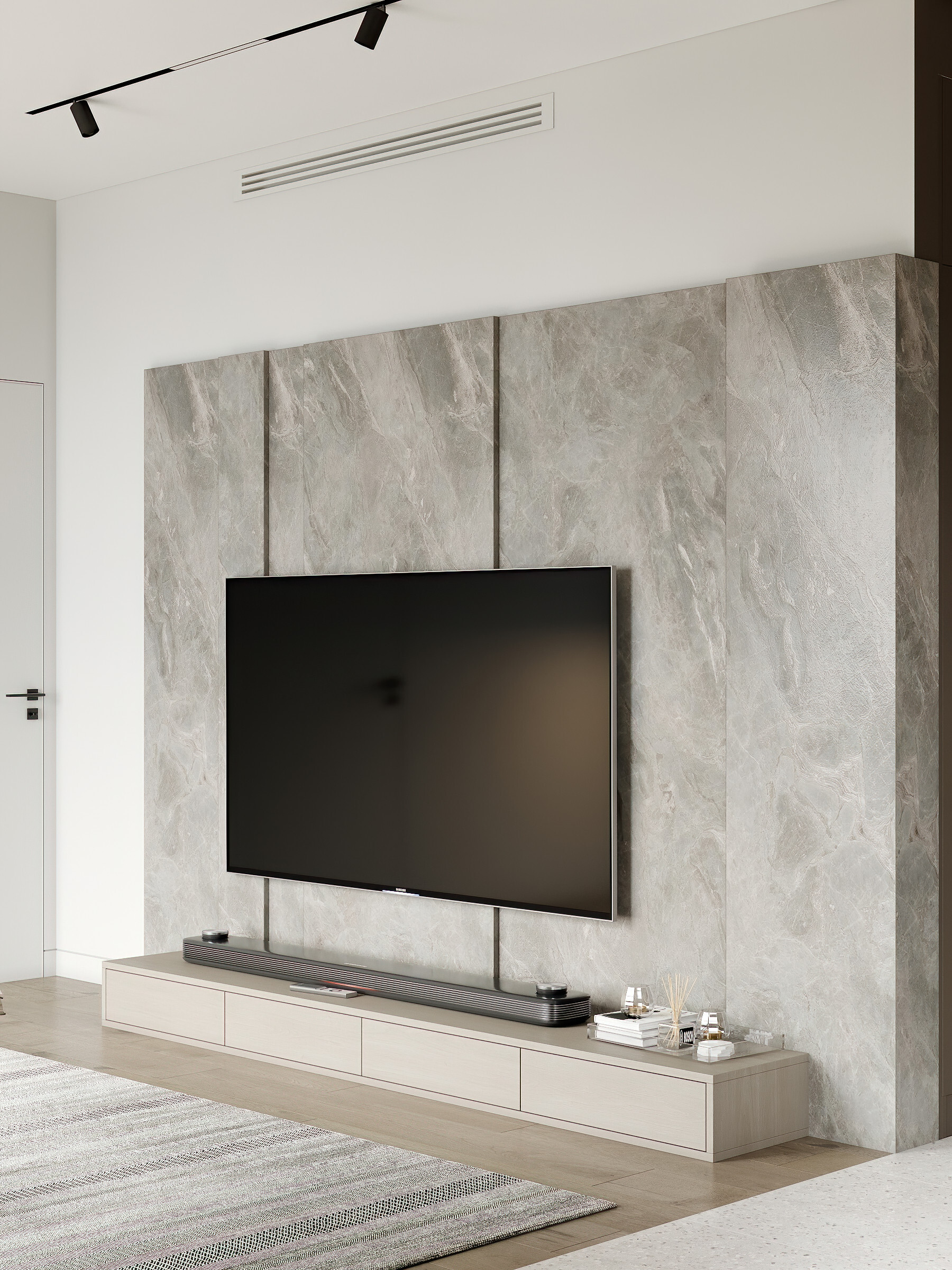 Интерьер с панно за телевизором, стеной с телевизором, телевизором на рейках, телевизором на стене и керамогранитом на стену с телевизором в современном стиле