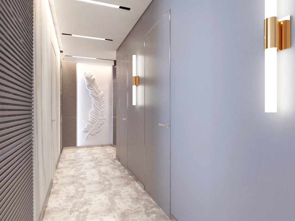 Интерьер коридора c рабочим местом и световыми линиями в современном стиле