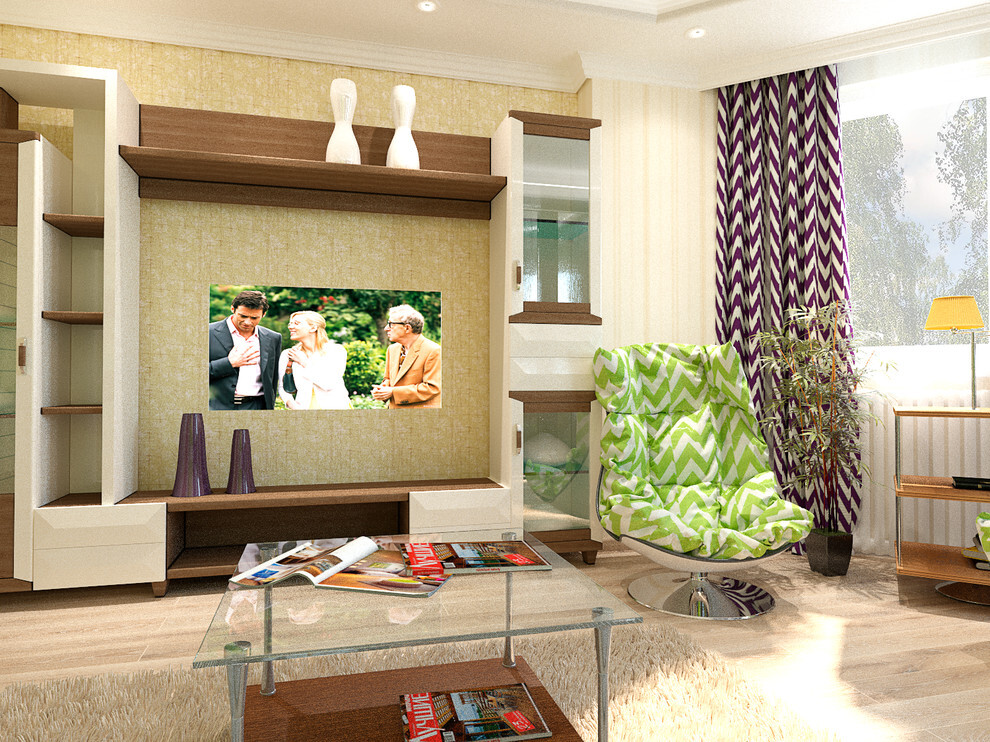Интерьер гостиной с панно за телевизором, стеной с телевизором и керамогранитом на стену с телевизором в современном стиле