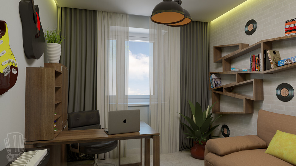 Интерьер кабинета c рабочим местом и подсветкой светодиодной в современном стиле