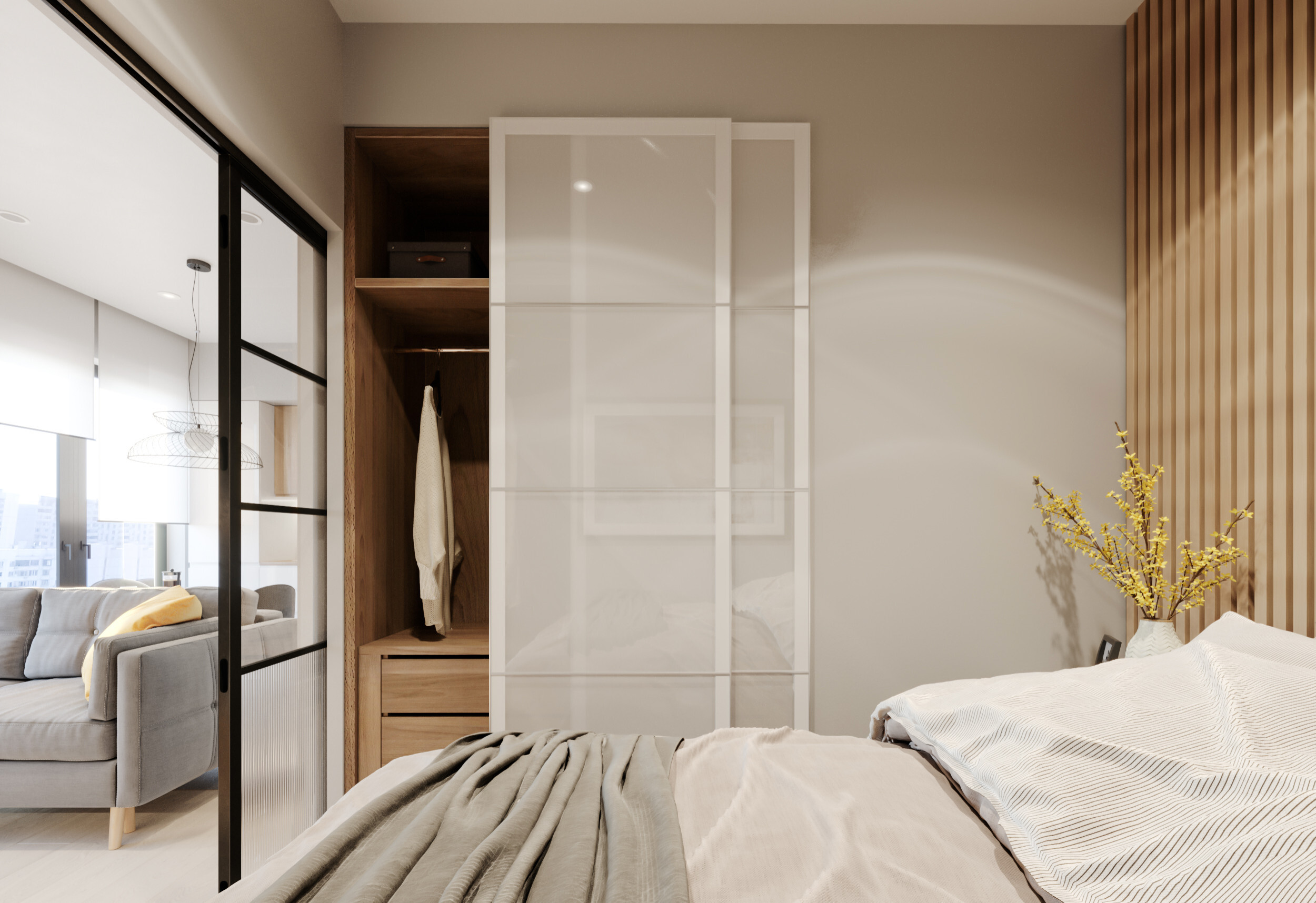 Интерьер спальни с шкафом над кроватью, шкафом напротив кровати и шкафом у кровати в современном стиле
