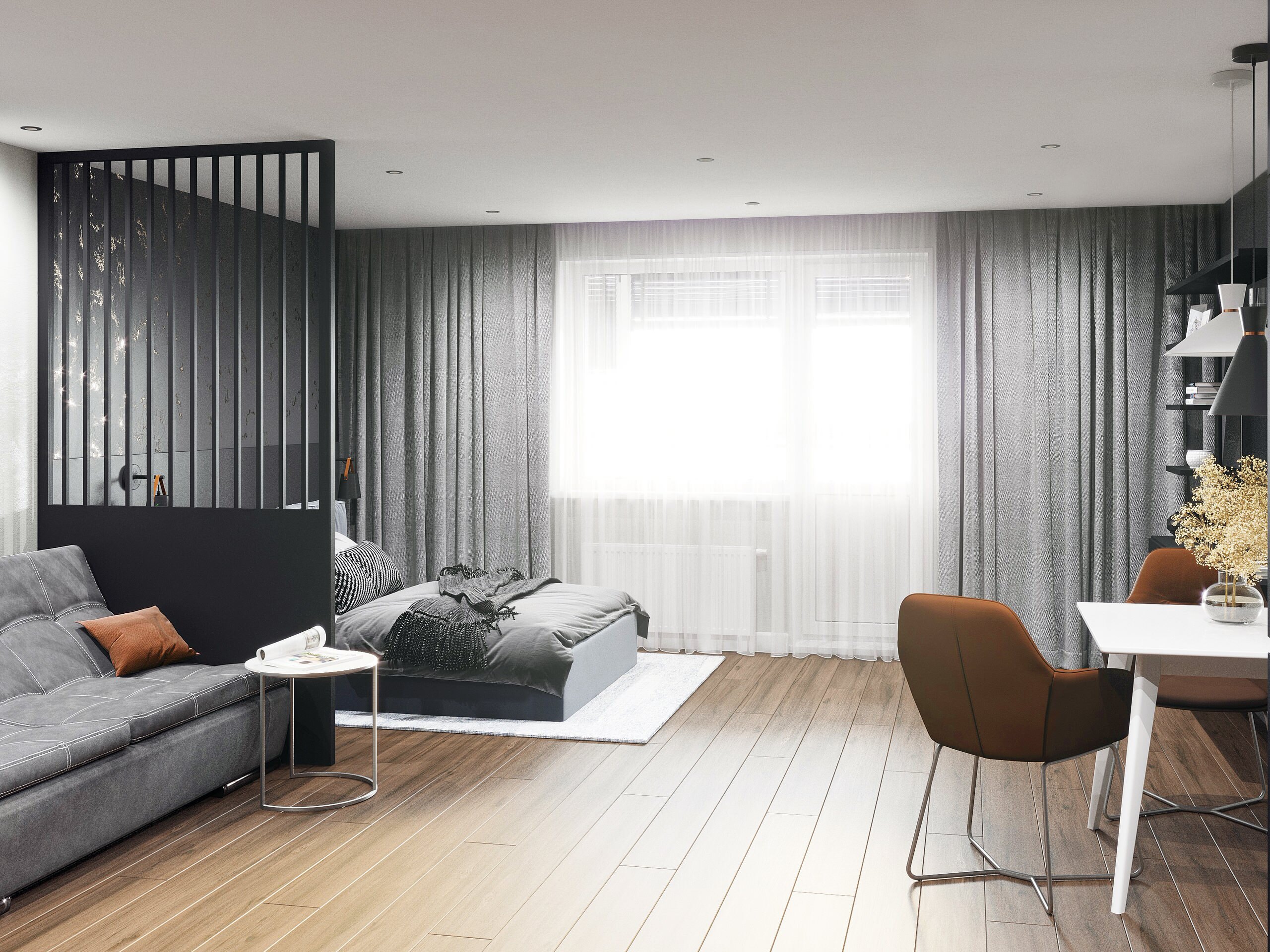 Интерьер гостиной cветовыми линиями и вертикальными жалюзи в современном стиле