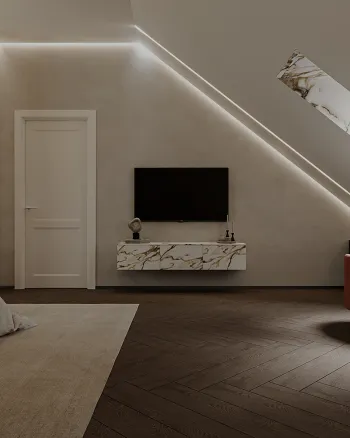 Интерьер гостиной с нишей с подсветкой и с подсветкой  смотреть на Basicdecor
