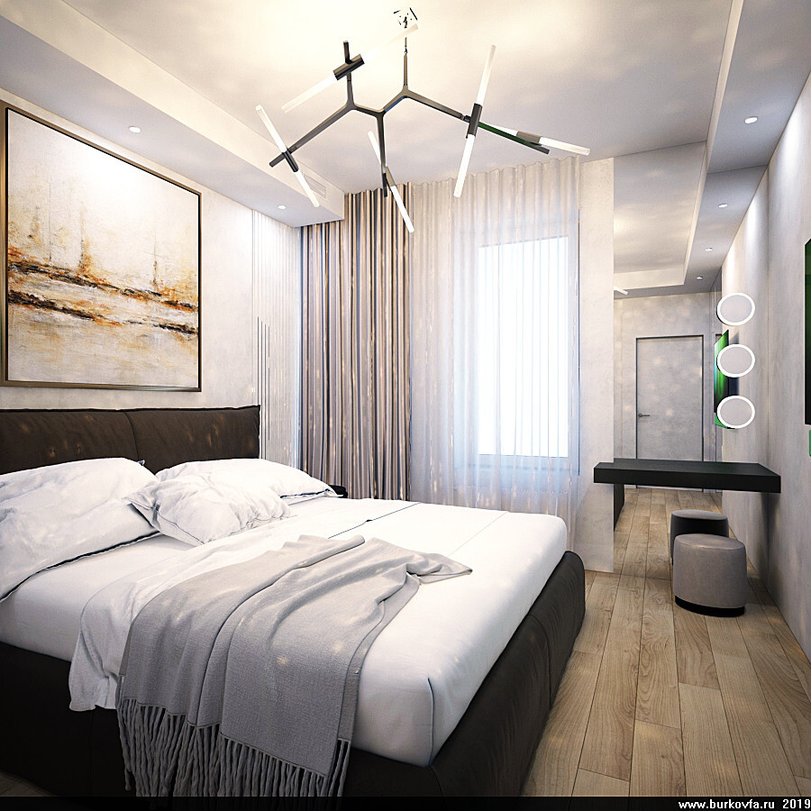 Интерьер спальни с рейками с подсветкой и светильниками над кроватью в современном стиле