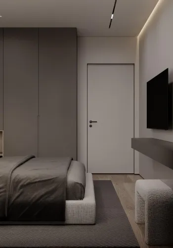 Интерьер спальни с нишей с подсветкой, световыми линиями, подсветкой настенной, подсветкой светодиодной, светильниками над кроватью и с подсветкой  смотреть на Basicdecor