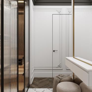 Интерьер прихожей с проходной и зеркалом на двери  смотреть на Basicdecor