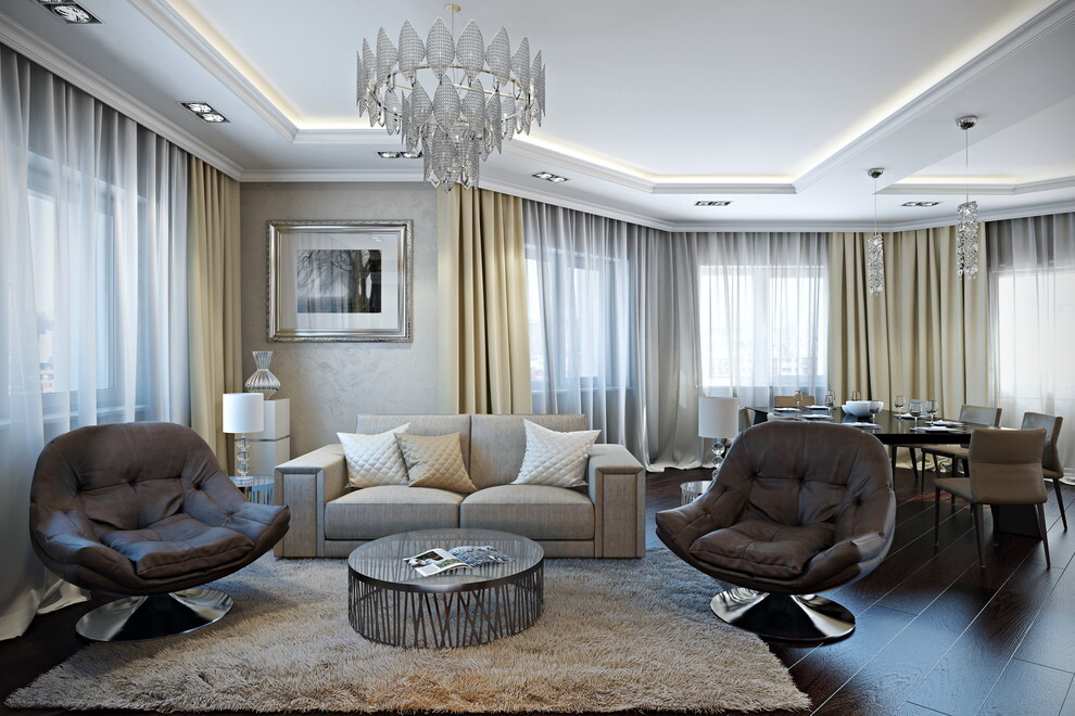 Интерьер гостиной cветовыми линиями и подсветкой светодиодной в современном стиле