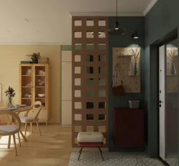 Интерьер прихожей с зонированием, зонированием рейками и перегородкой раздвижной  смотреть на Basicdecor