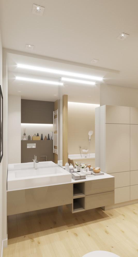 Интерьер ванной с рейками с подсветкой и подсветкой светодиодной в современном стиле