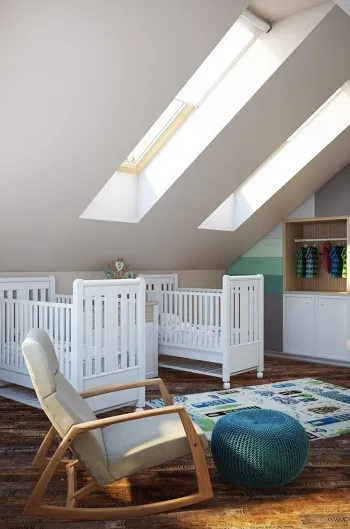 Интерьер детской с на мансарде и двой окна в современном стиле смотреть на Basicdecor