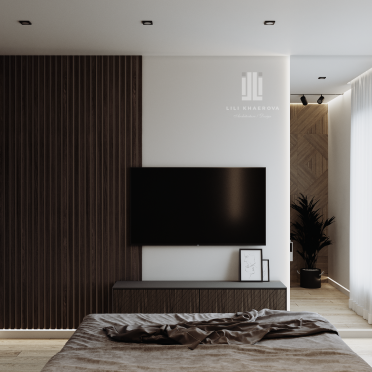 Интерьер спальни с телевизором на рейках и телевизором на стене  смотреть на Basicdecor