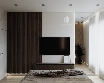 Интерьер спальни с телевизором на рейках и телевизором на стене  смотреть на Basicdecor