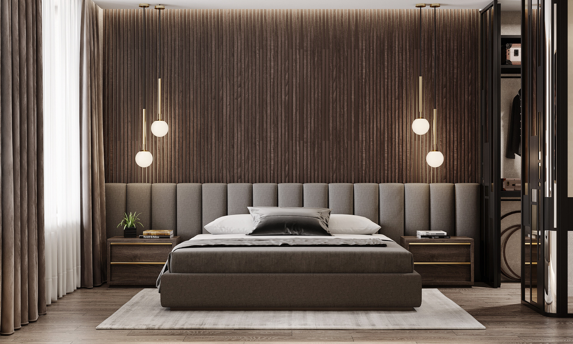Интерьер гостиной с бра над кроватью, подсветкой настенной и светильниками над кроватью в современном стиле